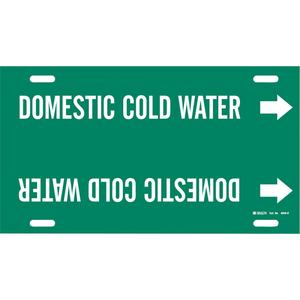 "Domestic Cold Water" Pipe Marker - Plastic, White on Green, 10" - 15", 10", 32", 3-1/2", English, Strap-On