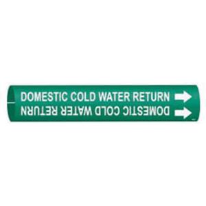 "Domestic Cold Water Return" Pipe Marker - Plastic, White on Green, 3/4" - 1-3/8", 13/16", 13/16", 1/2", English, Snap-On