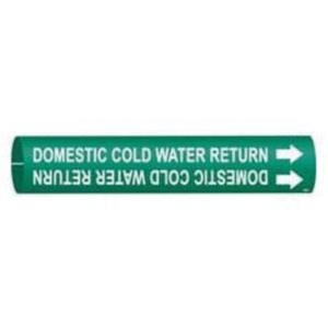 "Domestic Cold Water Return" Pipe Marker - Plastic, White on Green, 1-1/2" - 2-3/8", 7/8", 7/8", 3/4", English, Snap-On
