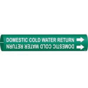 "Domestic Cold Water Return" Pipe Marker - Plastic, White on Green, 2-1/2" - 3-7/8", 2", 2", 1-1/4", English, Snap-On