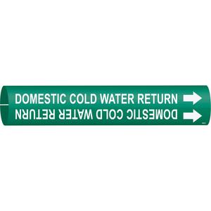 "Domestic Cold Water Return" Pipe Marker - Plastic, White on Green, 4" - 6", 2-13/16", 2-13/16", 1-1/4", English, Snap-On