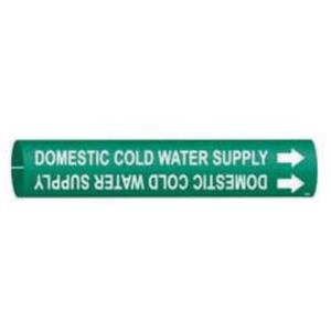 "Domestic Cold Water Supply" Pipe Marker - Plastic, White on Green, 4" - 6", 2-13/16", 2-13/16", 1-1/4", English, Snap-On