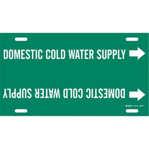"Domestic Cold Water Supply" Pipe Marker - Plastic, White on Green, 6" - 7-7/8", 8", 16", 1-1/4", English, Strap-On