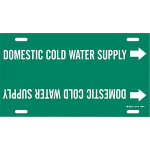 "Domestic Cold Water Supply" Pipe Marker - Plastic, White on Green, 8" - 9-7/8", 10", 24", 2-1/2", English, Strap-On