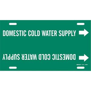 "Domestic Cold Water Supply" Pipe Marker - Plastic, White on Green, 10" - 15", 10", 32", 3-1/2", English, Strap-On