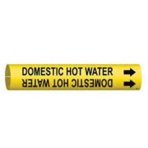 "Domestic Hot Water" Pipe Marker - Plastic, Black on Yellow, 3/4" - 1-3/8", 13/16", 13/16", 1/2", English, Snap-On