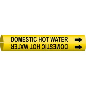 "Domestic Hot Water" Pipe Marker - Plastic, Black on Yellow, 1-1/2" - 2-3/8", 7/8", 7/8", 3/4", English, Snap-On