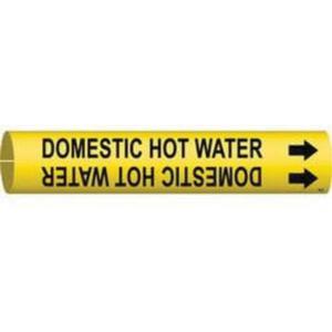 "Domestic Hot Water" Pipe Marker - Plastic, Black on Yellow, 2-1/2" - 3-7/8", 2", 2", 1-1/4", English, Snap-On