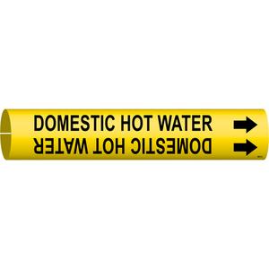"Domestic Hot Water" Pipe Marker - Plastic, Black on Yellow, 4" - 6", 2-13/16", 2-13/16", 1-1/4", English, Snap-On