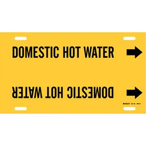 "Domestic Hot Water" Pipe Marker - Plastic, Black on Yellow, 8" - 9-7/8", 10", 24", 2-1/2", English, Strap-On