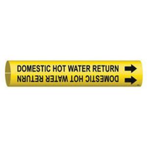 "Domestic Hot Water Return" Pipe Marker - Plastic, Black on Yellow, 3/4" - 1-3/8", 13/16", 13/16", 1/2", English, Snap-On