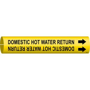 "Domestic Hot Water Return" Pipe Marker - Plastic, Black on Yellow, 2-1/2" - 3-7/8", 2", 2", 1-1/4", English, Snap-On