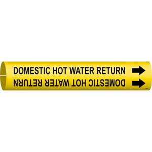 "Domestic Hot Water Return" Pipe Marker - Plastic, Black on Yellow, 4" - 6", 2-13/16", 2-13/16", 1-1/4", English, Snap-On