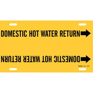 "Domestic Hot Water Return" Pipe Marker - Plastic, Black on Yellow, 6" - 7-7/8", 8", 16", 1-1/4", English, Strap-On
