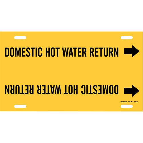 "Domestic Hot Water Return" Pipe Marker - Plastic, Black on Yellow, 8" - 9-7/8", 10", 24", 2-1/2", English, Strap-On