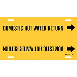 "Domestic Hot Water Return" Pipe Marker - Plastic, Black on Yellow, 10" - 15", 10", 32", 3-1/2", English, Strap-On