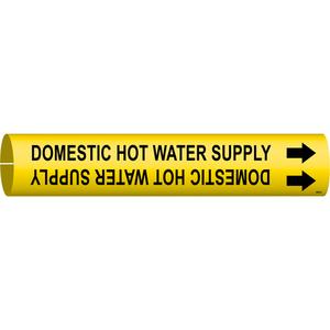 "Domestic Hot Water Supply" Pipe Marker - Plastic, Black on Yellow, 3/4" - 1-3/8", 13/16", 13/16", 1/2", English, Snap-On