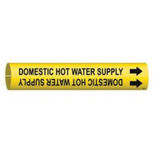 "Domestic Hot Water Supply" Pipe Marker - Plastic, Black on Yellow, 1-1/2" - 2-3/8", 7/8", 7/8", 3/4", English, Snap-On