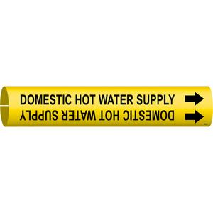 "Domestic Hot Water Supply" Pipe Marker - Plastic, Black on Yellow, 2-1/2" - 3-7/8", 2", 2", 1-1/4", English, Snap-On