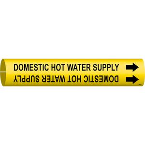"Domestic Hot Water Supply" Pipe Marker - Plastic, Black on Yellow, 4" - 6", 2-13/16", 2-13/16", 1-1/4", English, Snap-On