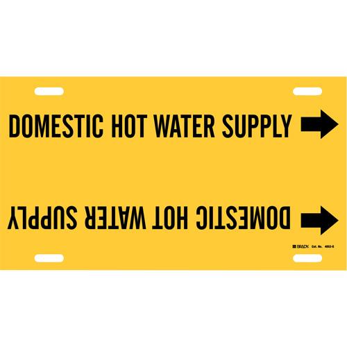 "Domestic Hot Water Supply" Pipe Marker - Plastic, Black on Yellow, 8" - 9-7/8", 10", 24", 2-1/2", English, Strap-On