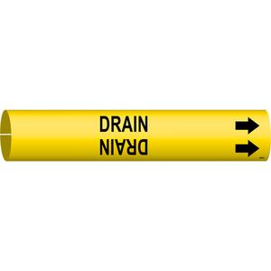 "Drain" Pipe Marker - Plastic, Black on Yellow, 1-1/2" - 2-3/8", 7/8", 7/8", 3/4", English, Snap-On