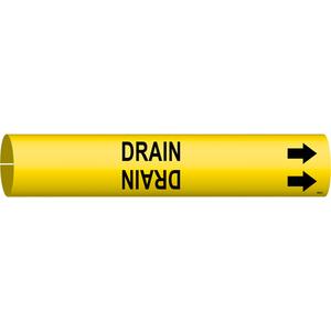 "Drain" Pipe Marker - Plastic, Black on Yellow, 4" - 6", 2-13/16", 2-13/16", 1-1/4", English, Snap-On