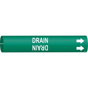 "Drain" Pipe Marker - Plastic, White on Green, 1-1/2" - 2-3/8", 7/8", 7/8", 3/4", English, Snap-On