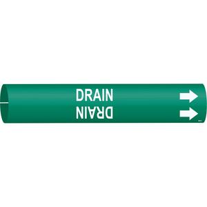 "Drain" Pipe Marker - Plastic, White on Green, 2-1/2" - 3-7/8", 2", 2", 1-1/4", English, Snap-On