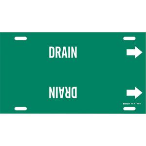 "Drain" Pipe Marker - Plastic, White on Green, 10" - 15", 10", 32", 3-1/2", English, Strap-On