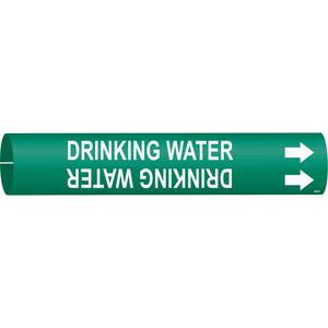 "Drinking Water" Pipe Marker - Plastic, White on Green, 1-1/2" - 2-3/8", 7/8", 7/8", 3/4", English, Snap-On