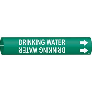 "Drinking Water" Pipe Marker - Plastic, White on Green, 4" - 6", 2-13/16", 2-13/16", 1-1/4", English, Snap-On