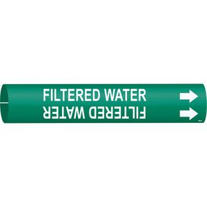 "Filtered Water" Pipe Marker - Plastic, White on Green, 1-1/2" - 2-3/8", 7/8", 7/8", 3/4", English, Snap-On