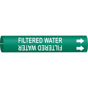 "Filtered Water" Pipe Marker - Plastic, White on Green, 2-1/2" - 3-7/8", 2", 2", 1-1/4", English, Snap-On