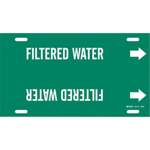 "Filtered Water" Pipe Marker - Plastic, White on Green, 6" - 7-7/8", 8", 16", 1-1/4", English, Strap-On