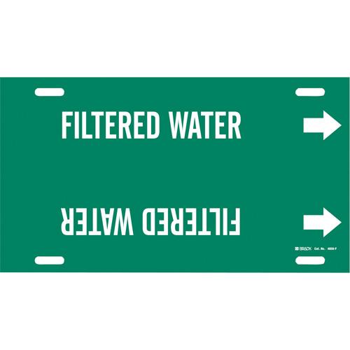 "Filtered Water" Pipe Marker - Plastic, White on Green, 6" - 7-7/8", 8", 16", 1-1/4", English, Strap-On