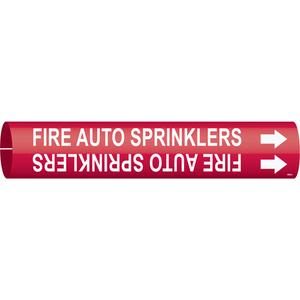 "Fire Auto Sprinklers" Pipe Marker - Plastic, White on Red, 3/4" - 1-3/8", 13/16", 13/16", 1/2", English, Snap-On