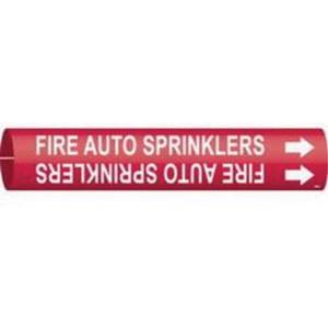 "Fire Auto Sprinklers" Pipe Marker - Plastic, White on Red, 1-1/2" - 2-3/8", 7/8", 7/8", 3/4", English, Snap-On