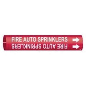 "Fire Auto Sprinklers" Pipe Marker - Plastic, White on Red, 2-1/2" - 3-7/8", 2", 2", 1-1/4", English, Snap-On