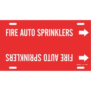 "Fire Auto Sprinklers" Pipe Marker - Plastic, White on Red, 10" - 15", 10", 32", 3-1/2", English, Strap-On