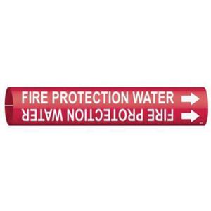 "Fire Protection Water" Pipe Marker - Plastic, White on Red, 1-1/2" - 2-3/8", 7/8", 7/8", 3/4", English, Snap-On