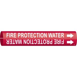 "Fire Protection Water" Pipe Marker - Plastic, White on Red, 4" - 6", 2-13/16", 2-13/16", 1-1/4", English, Snap-On