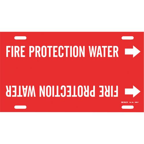 "Fire Protection Water" Pipe Marker - Plastic, White on Red, 6" - 7-7/8", 8", 16", 1-1/4", English, Strap-On