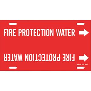 "Fire Protection Water" Pipe Marker - Plastic, White on Red, 10" - 15", 10", 32", 3-1/2", English, Strap-On