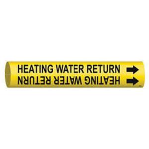 "Heating Water Return" Pipe Marker - Plastic, Black on Yellow, 3/4" - 1-3/8", 13/16", 13/16", 1/2", English, Snap-On