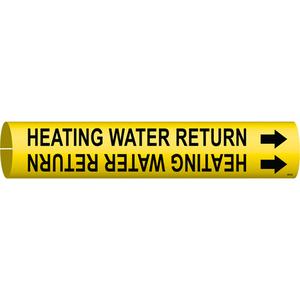 "Heating Water Return" Pipe Marker - Plastic, Black on Yellow, 1-1/2" - 2-3/8", 7/8", 7/8", 3/4", English, Snap-On