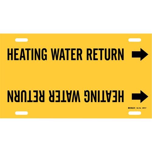 "Heating Water Return" Pipe Marker - Plastic, Black on Yellow, 6" - 7-7/8", 8", 16", 1-1/4", English, Strap-On