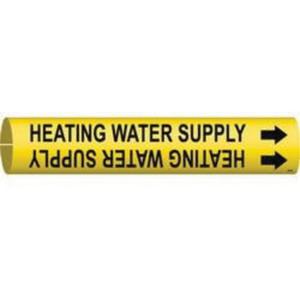 "Heating Water Supply" Pipe Marker - Plastic, Black on Yellow, 3/4" - 1-3/8", 13/16", 13/16", 1/2", English, Snap-On