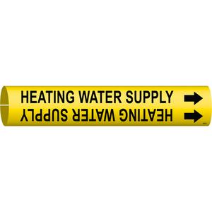 "Heating Water Supply" Pipe Marker - Plastic, Black on Yellow, 2-1/2" - 3-7/8", 2", 2", 1-1/4", English, Snap-On