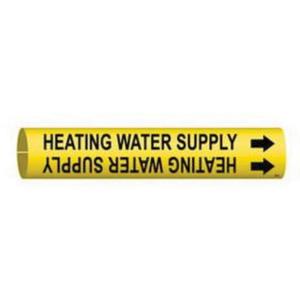 "Heating Water Supply" Pipe Marker - Plastic, Black on Yellow, 4" - 6", 2-13/16", 2-13/16", 1-1/4", English, Snap-On
